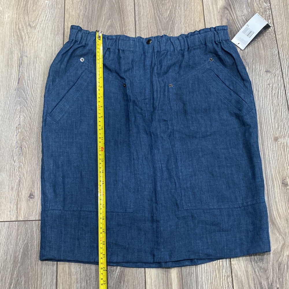 NWT DKNY 100% Linen Denim Blue Elastic Waist Knee Length Skirt 10 - Picture 15 of 16